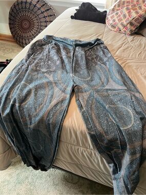 Buddha Stones Boho Wide Leg Lounge Pants in Blue Gray Paisley